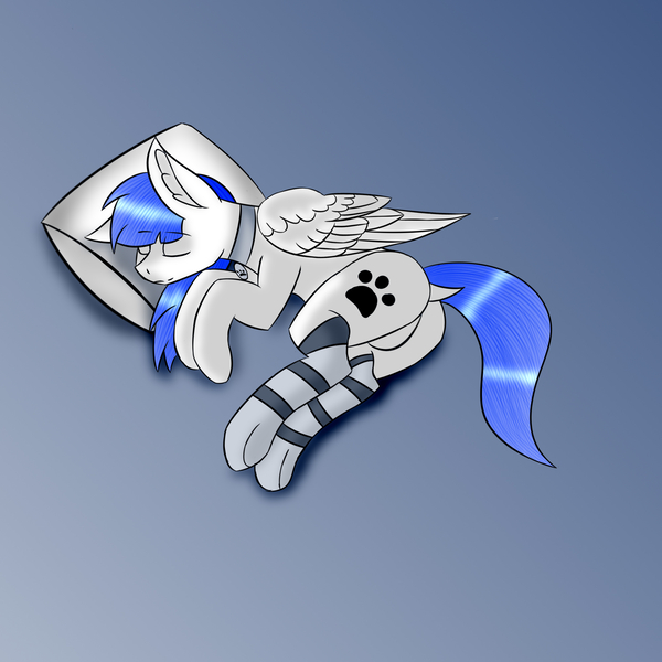 Size: 2000x2000 | Tagged: safe, artist:astaroth, derpibooru import, oc, oc:snow pup, pegasus, clothes, collar, image, jpeg, pegasus oc, pillow, sleeping, socks, striped socks, wings