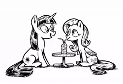 Size: 1059x726 | Tagged: safe, artist:mellodillo, derpibooru import, fluttershy, twilight sparkle, pegasus, pony, unicorn, black and white, drink, drinking, drinking straw, female, grayscale, image, jpeg, lesbian, looking at each other, mare, monochrome, sharing a drink, shipping, simple background, twishy, unicorn twilight, white background