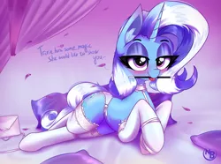 Size: 2973x2209 | Tagged: suggestive, artist:nevobaster, derpibooru import, trixie, pony, unicorn, adorasexy, bedroom eyes, blushing, clothes, collar, cute, dialogue, eyeshadow, female, high res, image, leash, lingerie, looking at you, lying down, magic, makeup, mare, mascara, mouth hold, panties, photo studio, pillow, png, seductive, seductive pose, sexy, socks, solo, solo female, stockings, thigh highs, underwear, white stockings