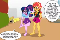 Size: 858x584 | Tagged: safe, artist:niban-destikim, derpibooru import, sci-twi, sunset shimmer, twilight sparkle, comic:the shrinking project, equestria girls, barefoot, cropped, duo, feet, fetish, foot fetish, image, jpeg, toes