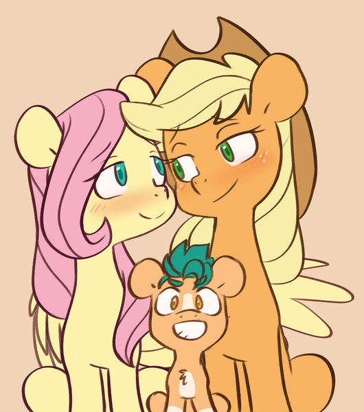 Size: 2121x2401 | Tagged: safe, artist:chub-wub, derpibooru import, applejack, fluttershy, hitch trailblazer, earth pony, pegasus, pony, appleshy, blushing, chest fluff, colt, cute, female, g5, grin, headcanon, hitchbetes, image, jackabetes, jpeg, lesbian, looking at each other, magical lesbian spawn, male, mare, markings, mother and child, mother and son, offspring, orange background, parent:applejack, parent:fluttershy, parents:appleshy, shipping, shyabetes, simple background, sitting, smiling