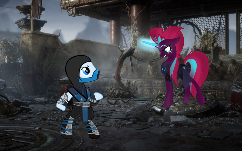 Size: 8890x5562 | Tagged: safe, artist:kyute-kitsune, artist:mysteriousshine, artist:ponygamer2020, derpibooru import, tempest shadow, ponified, earth pony, pony, unicorn, comic:the storm kingdom, my little pony: the movie, bipedal, crossover, crystal of light, eye scar, fanart, female, fight, general tempest shadow, glowing scar, image, kuai liang, male, mare, mortal kombat, mortal kombat 11, png, scar, stage, stallion, sub-zero, vector, video game, video game crossover
