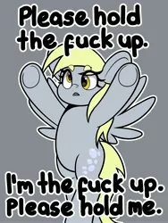 Size: 3014x4000 | Tagged: safe, artist:partylikeanartist, derpibooru import, derpy hooves, pegasus, pony, bipedal, eye clipping through hair, eyebrows, eyebrows visible through hair, female, image, jpeg, simple background, solo, subversive kawaii, text, upsies, vulgar