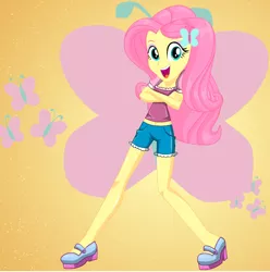 Size: 596x602 | Tagged: safe, artist:kimpossiblelove, derpibooru import, fluttershy, equestria girls, clothes, crossed arms, image, open mouth, open smile, png, shorts, smiling