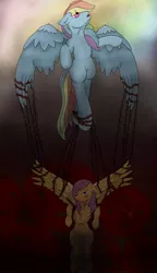 Size: 1176x2048 | Tagged: semi-grimdark, artist:snow quill, derpibooru import, rainbow dash, scootaloo, fanfic:rainbow factory, barbed wire, blood, fanfic art, flying, gears, hanging, image, jpeg, wings