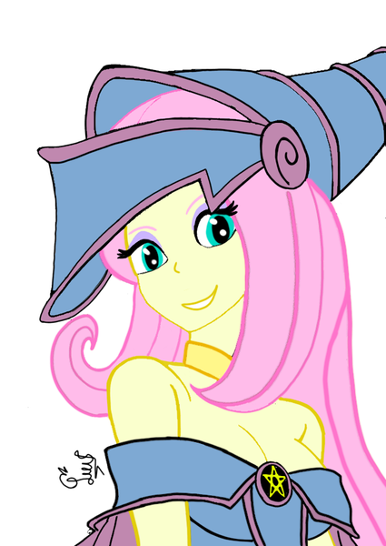 Size: 651x920 | Tagged: safe, artist:flutteryaylove, derpibooru import, fluttershy, equestria girls, breasts, cleavage, dark magician girl, female, image, looking at you, png, simple background, smiling, white background