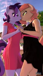 Size: 1080x1920 | Tagged: safe, artist:anthroponiessfm, derpibooru import, oc, oc:atari, oc:raven storm, anthro, 3d, anthro oc, clothes, cute, dress, duo, duo female, female, holding hands, image, kissing, lesbian, looking at each other, png, source filmmaker