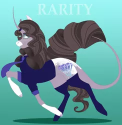 Size: 1980x2025 | Tagged: safe, artist:inisealga, derpibooru import, rarity, pony, unicorn, alternate universe, clothes, cloven hooves, coat markings, curly hair, curved horn, eyelashes, eyeshadow, horn, image, jpeg, leonine tail, makeup, markings, redesign, shirt, socks, socks (coat marking)