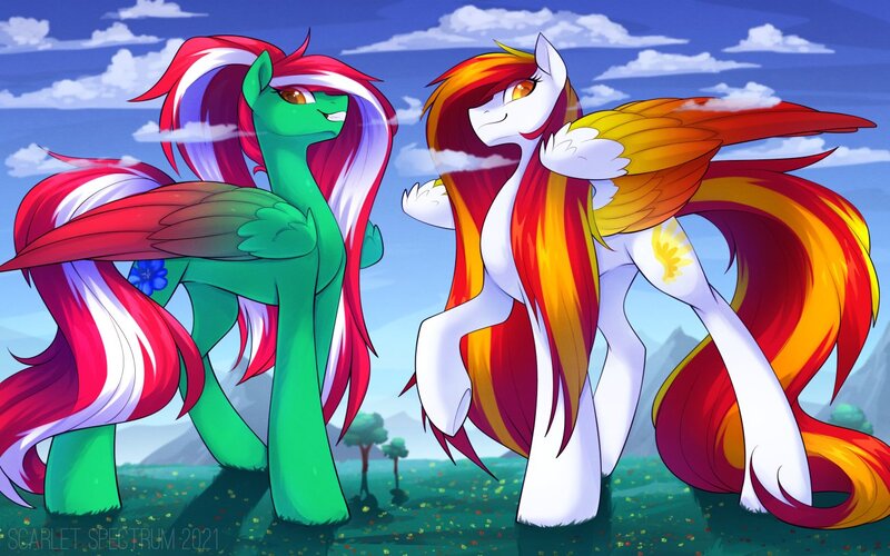 Size: 1300x813 | Tagged: safe, artist:scarlet-spectrum, derpibooru import, oc, oc:diamond sun, oc:spring wind, pegasus, pony, cloud, colored wings, female, giant pegasus, giant pony, giantess, image, jpeg, long mane, long tail, macro, mare, meadow, mountain, mountain range, multicolored wings, raised hoof, smiling, tree, wings