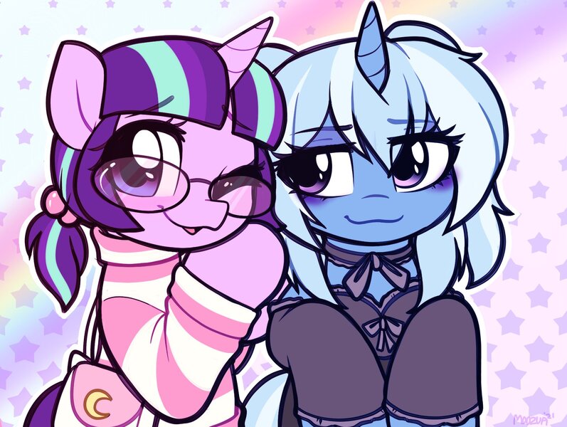 Size: 1679x1264 | Tagged: safe, artist:moozua, derpibooru import, starlight glimmer, trixie, pony, unicorn, alternate hairstyle, blushing, bow, choker, clothes, female, glasses, image, jpeg, lesbian, looking at you, one eye closed, purse, shipping, smiling, startrix, sweater, turtleneck, wink