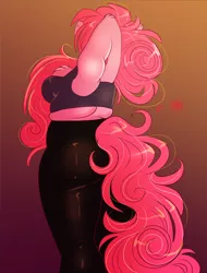 Size: 1200x1575 | Tagged: safe, artist:unfinishedheckery, derpibooru import, pinkie pie, anthro, earth pony, breasts, busty pinkie pie, chubbie pie, chubby, clothes, digital art, female, image, jpeg, pants, rear view, sideboob, simple background, solo, solo female, tail, tanktop