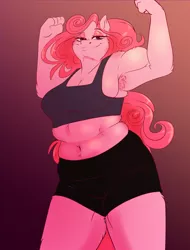 Size: 1200x1575 | Tagged: safe, artist:unfinishedheckery, derpibooru import, pinkie pie, anthro, earth pony, armpits, bedroom eyes, belly button, breasts, busty pinkie pie, chubbie pie, chubby, clothes, digital art, female, flexing, image, jpeg, looking at you, pose, shorts, simple background, solo, solo female, tail, tanktop