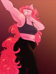 Size: 1200x1575 | Tagged: safe, artist:unfinishedheckery, derpibooru import, pinkie pie, anthro, earth pony, armpits, belly button, breasts, busty pinkie pie, chubbie pie, chubby, clothes, digital art, eyes closed, female, image, jpeg, pants, pose, simple background, smiling, solo, solo female, tail, tanktop