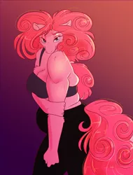 Size: 1200x1575 | Tagged: safe, artist:unfinishedheckery, derpibooru import, pinkie pie, anthro, earth pony, breasts, busty pinkie pie, chubbie pie, chubby, clothes, digital art, eyes closed, female, image, jpeg, pants, pose, simple background, smiling, solo, solo female, tail, tanktop