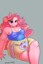 Size: 2731x4096 | Tagged: safe, artist:unfinishedheckery, derpibooru import, pinkie pie, oc, oc:anon, anthro, earth pony, bedroom eyes, belly button, blushing, breasts, busty pinkie pie, chubbie pie, chubby, clothes, commission, digital art, duo, head between legs, image, imminent sex, imminent snu snu, jpeg, male, pants, raised finger, shirt, shorts, simple background, smiling, tail, this will end in snu snu, worth it, your character here