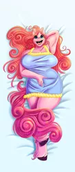 Size: 1787x4096 | Tagged: suggestive, artist:unfinishedheckery, derpibooru import, pinkie pie, anthro, earth pony, unguligrade anthro, arm behind head, armpits, bed, breasts, busty pinkie pie, chubbie pie, chubby, clothes, digital art, female, image, jpeg, laying on bed, lingerie, looking at you, lying down, on bed, open mouth, open smile, pose, smiling, solo, solo female, tail, thighs, unshorn fetlocks