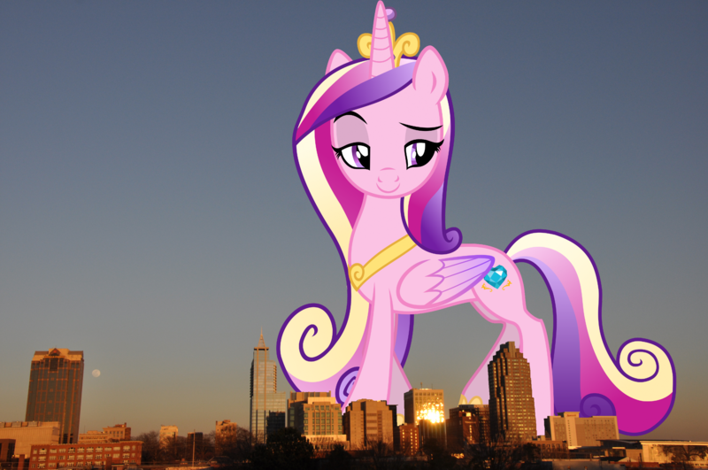 Size: 2524x1676 | Tagged: safe, artist:rustle-rose, derpibooru import, princess cadance, alicorn, pony, crown, female, giant alicorn, giant cadance, giant pony, giantess, highrise ponies, image, irl, jewelry, macro, mare, mega cadance, north carolina, photo, png, ponies in real life, raleigh, regalia