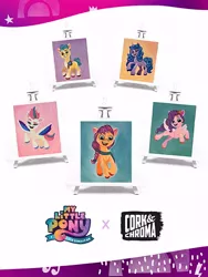 Size: 450x600 | Tagged: safe, derpibooru import, official, hitch trailblazer, izzy moonbow, pipp petals, sunny starscout, zipp storm, my little pony: a new generation, cork & chroma, g5, image, jpeg, mane five (g5), my little pony: a new generation logo, painting, traditional art