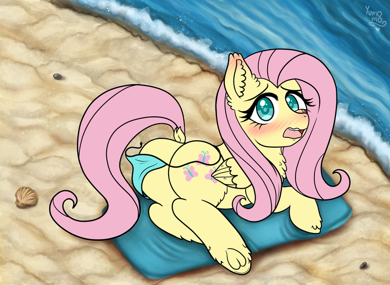 Size: 3000x2192 | Tagged: questionable, alternate version, artist:yumomochan, derpibooru import, fluttershy, pegasus, pony, accidental exposure, ass, beach, bikini, bikini bottom, blushing, butt, chest fluff, clothes, dock, ear fluff, exposed, female, fluffy, frog (hoof), image, leg fluff, looking at you, looking back, looking back at you, lying, mare, open mouth, plot, png, sand, swimsuit, underhoof, wardrobe malfunction, water, wings