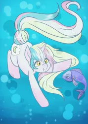 Size: 731x1024 | Tagged: safe, artist:moonsugar33, derpibooru import, oc, unofficial characters only, fish, pony, unicorn, blue background, bubble, crepuscular rays, female, flowing mane, flowing tail, horn, image, jpeg, ocean, simple background, solo, sunlight, underwater, water, yellow eyes