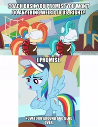 Size: 800x1032 | Tagged: safe, derpibooru import, edit, edited screencap, screencap, lighthoof, rainbow dash, shimmy shake, 2 4 6 greaaat, blindfold, caption, hazing, image, image macro, jpeg, text