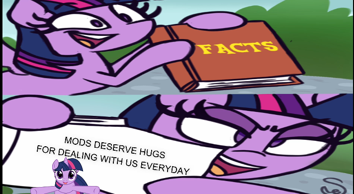 Size: 712x390 | Tagged: safe, derpibooru import, twilight sparkle, twilight sparkle (alicorn), alicorn, caption, exploitable meme, hug, image, image macro, meme, meta, mods, png, signature, text, twilight's fact book, wrong aspect ratio