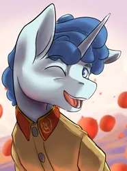 Size: 1560x2100 | Tagged: safe, artist:tofuslied-, derpibooru import, party favor, pony, unicorn, equestria at war mod, bust, clothes, communism, equality, image, looking at you, one eye closed, open mouth, open smile, png, portrait, smiling, solo, uniform, wink, winking at you