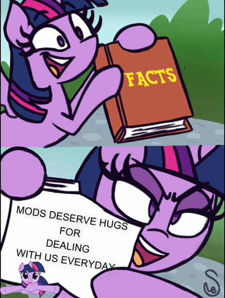 Size: 544x720 | Tagged: safe, derpibooru import, twilight sparkle, twilight sparkle (alicorn), alicorn, caption, exploitable meme, hug, image, image macro, meme, meta, mods, png, signature, text, twilight's fact book