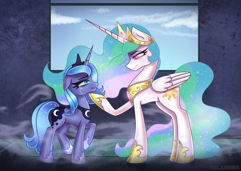 Size: 9167x6500 | Tagged: safe, artist:opal_radiance, derpibooru import, princess celestia, princess luna, alicorn, pony, friendship is magic, absurd file size, absurd resolution, crown, crying, female, floppy ears, forgiveness, hoof shoes, image, jewelry, png, raised hoof, regalia, royal sisters, s1 luna, siblings, sisters, younger