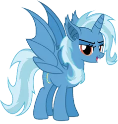 Size: 1280x1342 | Tagged: safe, artist:cassius2003, derpibooru import, trixie, alicorn, bat pony, bat pony alicorn, bat ponified, bat wings, fangs, horn, image, lidded eyes, open mouth, open smile, png, race swap, smiling, solo, trixiebat, wings