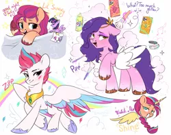 Size: 1900x1500 | Tagged: safe, artist:spoosha, derpibooru import, pipp petals, sunny starscout, twilight sparkle, twilight sparkle (alicorn), zipp storm, alicorn, earth pony, pegasus, bed, fake horn, fake wings, g5, image, jewelry, makeup, open mouth, phone, png, raised hoof, regalia, toy