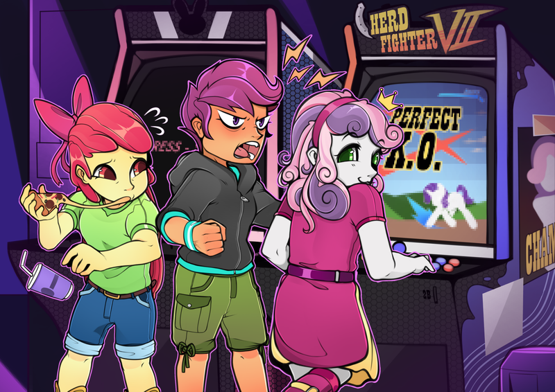 Size: 1637x1158 | Tagged: safe, artist:sugarelement, derpibooru import, apple bloom, rarity, scootaloo, sweetie belle, pony, unicorn, equestria girls, angry, arcade, arcade cabinet, arcade game, boots, clothes, crown, cup, cutie mark crusaders, drink, food, hoodie, image, jewelry, pizza, png, regalia, scootaloo is not amused, shirt, shoes, shorts, skirt, smug belle, street fighter, style emulation, unamused, wristband