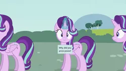 Size: 1920x1080 | Tagged: safe, artist:forgalorga, derpibooru import, screencap, starlight glimmer, alicorn, pony, alicornified, breaking the fourth wall, image, levitation, looking at you, magic, multeity, png, race swap, sign, solo, starlicorn, starlight cluster, starlight's world, telekinesis, xk-class end-of-the-world scenario