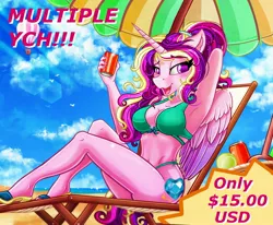 Size: 2250x1850 | Tagged: safe, artist:stainedglasslh, artist:stainedglasslighthea, derpibooru import, princess cadance, alicorn, anthro, plantigrade anthro, alternate hairstyle, beach, beach umbrella, bedroom eyes, belly button, bikini, bikini bottom, bikini top, breasts, busty princess cadance, clothes, commission, drink, feet, female, glass, image, jpeg, looking at you, lounge chair, midriff, open mouth, open smile, sand, sandals, smiling, solo, summer, swimsuit, umbrella, ych example, your character here