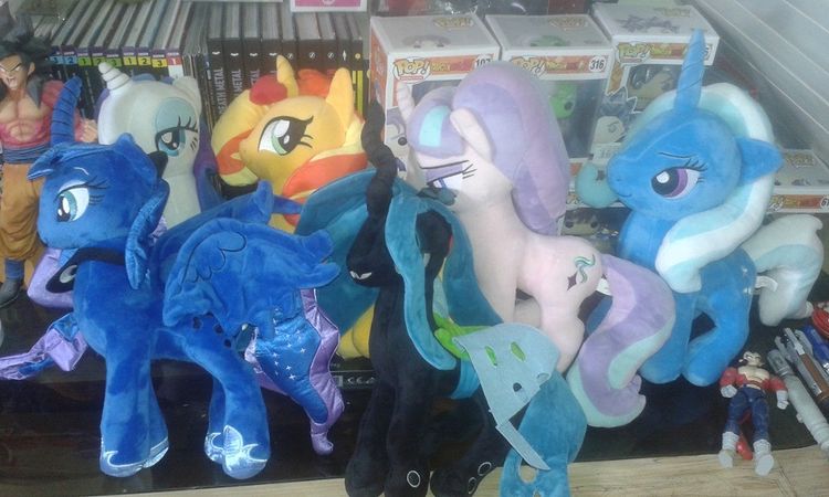 Size: 750x450 | Tagged: safe, artist:karadeg, derpibooru import, princess luna, queen chrysalis, rarity, starlight glimmer, sunset shimmer, trixie, derpibooru exclusive, image, irl, jpeg, photo, plushie