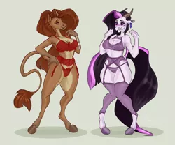 Size: 2048x1707 | Tagged: suggestive, artist:charlex-inc, derpibooru import, oc, oc:gray rain, oc:night mirage, unofficial characters only, anthro, earth pony, unicorn, anthro oc, bra, breasts, butt, clothes, commission, crotch bulge, curvy, ear piercing, earring, earth pony oc, eyeshadow, female, horn, horns, hourglass figure, image, intersex, jewelry, leonine tail, long tail, makeup, male to female, panties, piercing, png, rule 63, sexy, shocked, socks, transformation, underwear, unicorn oc