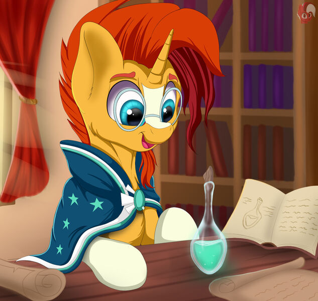 Size: 1280x1213 | Tagged: safe, artist:joaothejohn, derpibooru import, sunburst, pony, unicorn, book, bookshelf, cloak, clothes, cute, g4, glasses, image, jpeg, male, solo, stallion, sunbetes, sunburst's cloak, sunburst's glasses