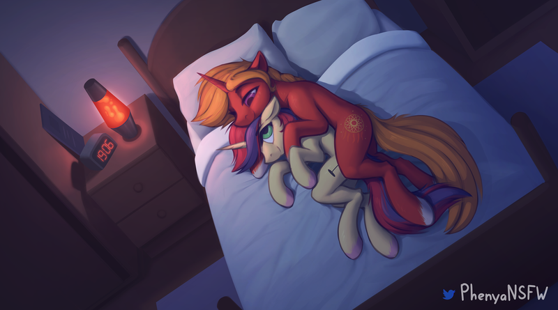 Size: 3000x1667 | Tagged: safe, artist:phenya, derpibooru import, oc, unofficial characters only, pony, unicorn, bed, bedroom, blanket, clock, colored pupils, cuddling, eyebrows, eyebrows visible through hair, floppy ears, horn, image, indoors, lava lamp, lidded eyes, looking at each other, looking back, lying down, pillow, png, side, smiling, smirk, spooning, unshorn fetlocks