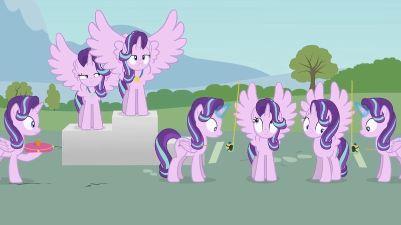 Size: 1436x808 | Tagged: safe, artist:forgalorga, derpibooru import, screencap, starlight glimmer, alicorn, contest, image, jpeg, measuring tape, medal, podium, size matters, starlight's world, wings