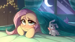 Size: 3840x2160 | Tagged: safe, artist:fensu-san, derpibooru import, fluttershy, pegasus, pony, bed, blanket, cute, female, image, lidded eyes, looking at you, mare, moon, night, plushie, png, prone, shyabetes, solo, window