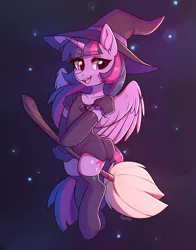 Size: 2348x3000 | Tagged: safe, artist:fensu-san, twilight sparkle, alicorn, pony, broom, clothes, cutie mark, dress, ear fluff, evening gloves, female, flying, flying broomstick, gloves, hat, image, latex, latex gloves, latex stockings, long gloves, looking to the right, mare, multicolored mane, multicolored tail, night, open smile, png, purple coat, purple eyes, sideways glance, smiling, socks, solo, solo female, stars, stockings, thigh highs, witch, witch costume, witch hat
