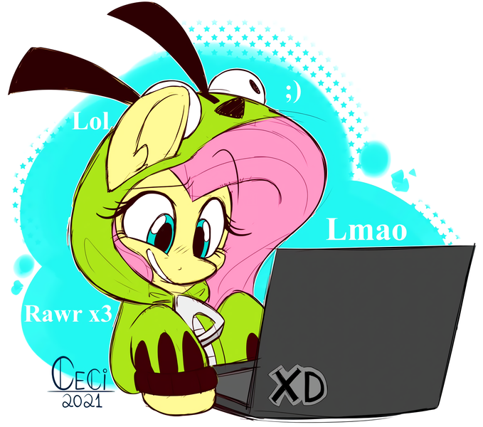 Size: 2400x2122 | Tagged: safe, artist:wutanimations, derpibooru import, fluttershy, pegasus, pony, abstract background, antonymph, clothes, computer, female, fluttgirshy, gir, grin, high res, hoodie, image, invader zim, laptop computer, lmao, lol, mare, png, rawr, signature, smiling, solo, winky face, x3, xd, zipper