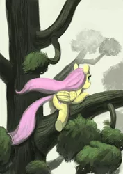 Size: 2480x3508 | Tagged: safe, artist:toisanemoif, derpibooru import, fluttershy, pegasus, pony, branches, female, image, jpeg, lying down, mare, prone, solo, tree, wind, windswept mane