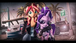 Size: 9600x5400 | Tagged: safe, artist:calveen, artist:imafutureguitarhero, derpibooru import, starlight glimmer, sunset shimmer, anthro, pony, unicorn, art pack:fun n games artpack, 3d, absurd resolution, alternate hairstyle, anthro with ponies, audi, audi r8, bmw, bmw m3 gtr, boots, bridge, clothes, duo, duo female, female, fingerless gloves, glasses, gloves, grin, image, jacket, jpeg, leather jacket, looking at you, need for speed, need for speed: most wanted, palm tree, peace sign, plane, shirt, shoes, smiling, source filmmaker, sunglasses, tongue out, tree