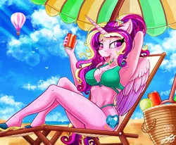 Size: 2250x1850 | Tagged: safe, artist:stainedglasslighthea, derpibooru import, princess cadance, alicorn, anthro, plantigrade anthro, alternate hairstyle, beach, beach umbrella, bedroom eyes, belly button, bikini, bikini bottom, bikini top, breasts, busty princess cadance, can, clothes, commission, drink, feet, female, image, looking at you, lounge chair, midriff, open mouth, open smile, png, sand, sandals, smiling, soda can, solo, summer, swimsuit, umbrella, ych example, your character here