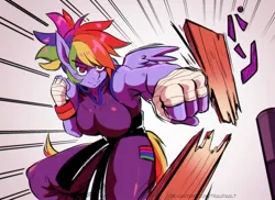 Size: 1559x1134 | Tagged: safe, artist:traupa, derpibooru import, rainbow dash, anthro, pegasus, bandage, break, breasts, busty rainbow dash, image, jpeg, punch, speedpaint, wood