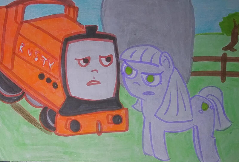 Size: 1280x867 | Tagged: safe, artist:dex stewart, derpibooru import, limestone pie, earth pony, pony, holder's boulder, image, jpeg, rusty, thomas and friends, thomas the tank engine, traditional art