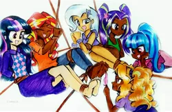 Size: 3652x2378 | Tagged: safe, artist:liaaqila, derpibooru import, adagio dazzle, aria blaze, sonata dusk, sunset shimmer, trixie, twilight sparkle, human, barefoot, bondage, clothes, coat, dark skin, eyes closed, feather, feet, female, fetish, flannel, foot fetish, humanized, image, jeans, jpeg, laughing, open mouth, pants, rope, rope bondage, shirt, simple background, skirt, soles, tanktop, the dazzlings, tickle torture, tickling, traditional art, t-shirt, white background