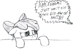 Size: 3161x2112 | Tagged: safe, artist:derpsickle, derpibooru import, apple bloom, applejack, earth pony, pony, female, filly, image, jpeg, mare, offscreen character, sketch, solo, speech bubble