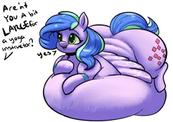 Size: 4299x3036 | Tagged: suggestive, artist:ahobobo, derpibooru import, oc, oc:felicity stars, unofficial characters only, pegasus, pony, bands, belly, belly bed, big belly, butt, dialogue, fat, female, huge belly, image, impossibly large belly, jpeg, large butt, morbidly obese, obese, offscreen character, simple background, wardrobe malfunction, white background